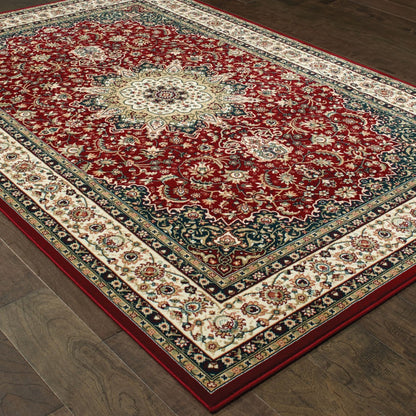 7' X 10' Red Ivory Machine Woven Oriental Indoor Area Rug