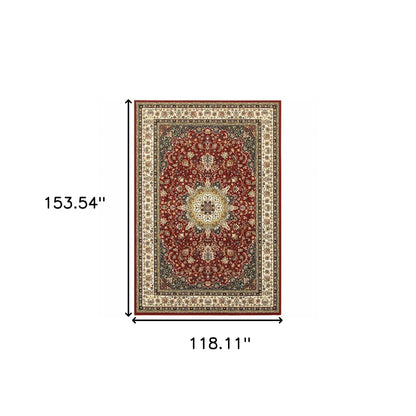7' X 10' Red Ivory Machine Woven Oriental Indoor Area Rug