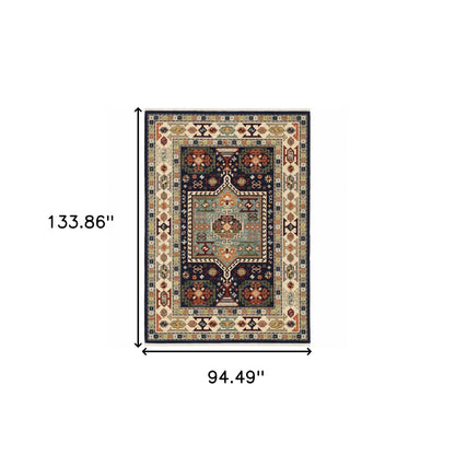 3' X 5' Blue Ivory Machine Woven Medallion Indoor Area Rug