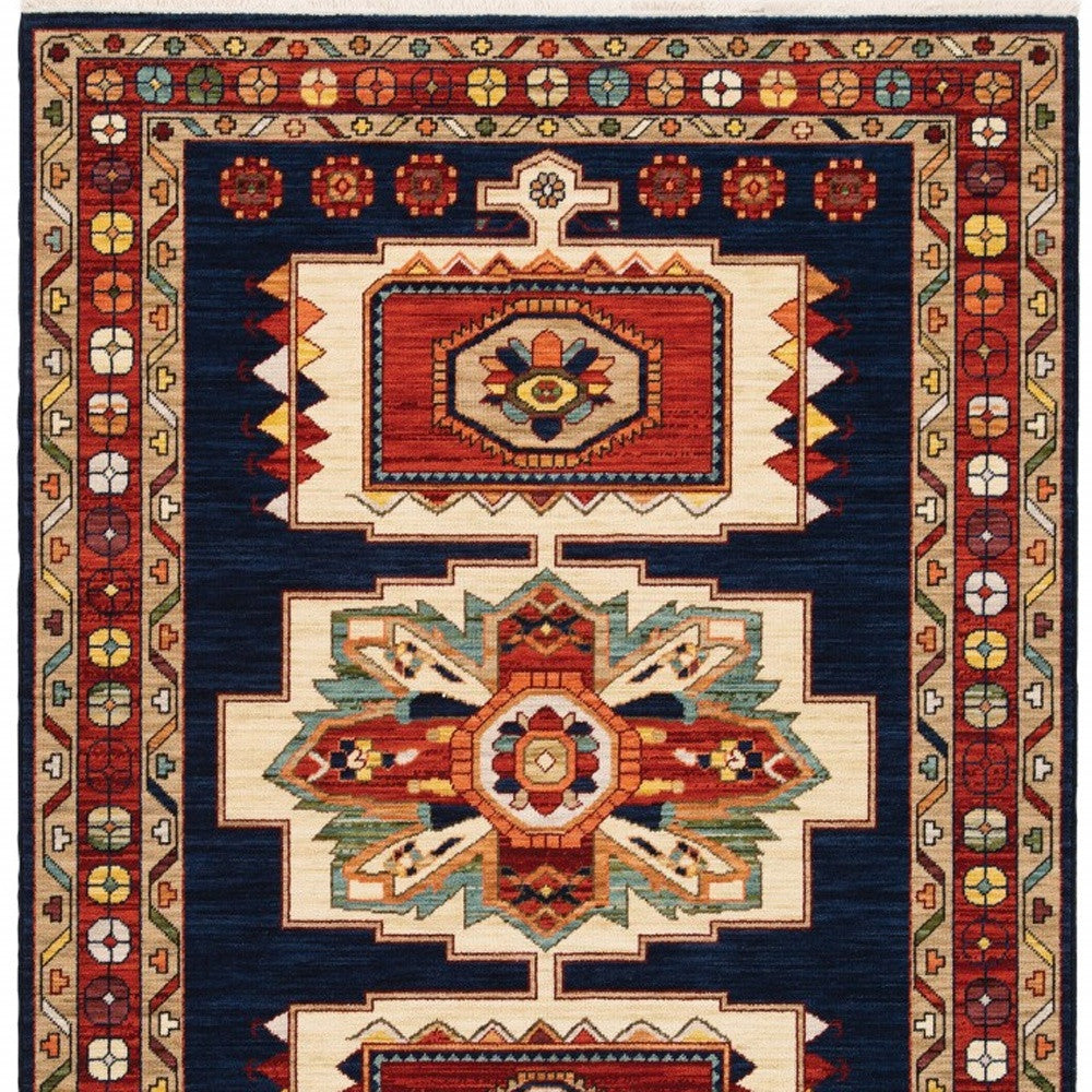 12' Blue Red Machine Woven Medallions Indoor Runner Rug