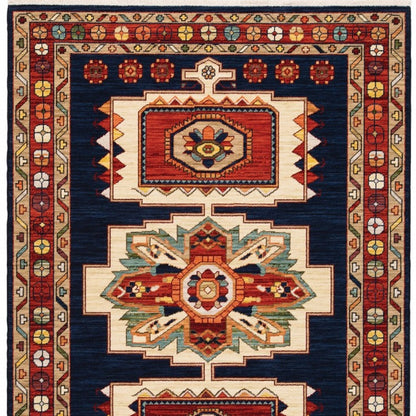 12' Blue Red Machine Woven Medallions Indoor Runner Rug