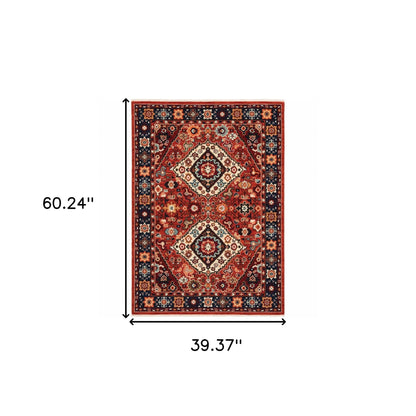 5' X 8' Red Blue Machine Woven Oriental Indoor Area Rug