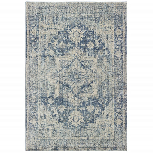 7’X10’ Ivory And Blue Oriental Area Rug