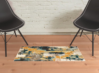 8’X11’ Blue And Gold Abstract Strokes Area Rug