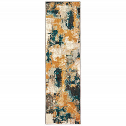 8’X11’ Blue And Gold Abstract Strokes Area Rug
