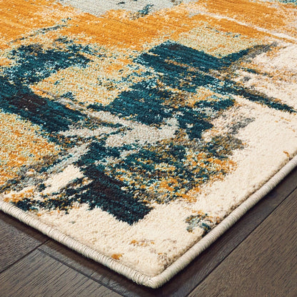 8’X11’ Blue And Gold Abstract Strokes Area Rug