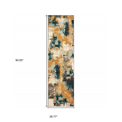 8’X11’ Blue And Gold Abstract Strokes Area Rug