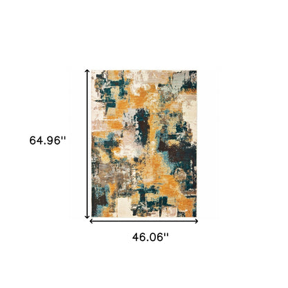 8’X11’ Blue And Gold Abstract Strokes Area Rug