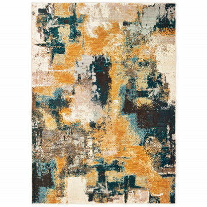 8’X11’ Blue And Gold Abstract Strokes Area Rug