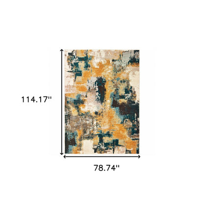8’X11’ Blue And Gold Abstract Strokes Area Rug