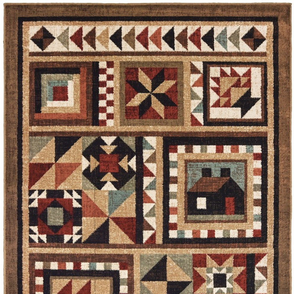 5’X7’ Brown And Red Ikat Patchwork Area Rug