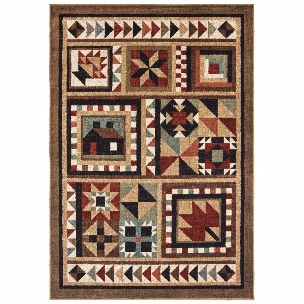 5’X7’ Brown And Red Ikat Patchwork Area Rug