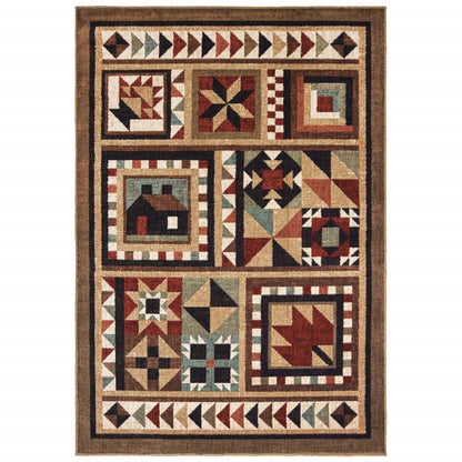 5’X7’ Brown And Red Ikat Patchwork Area Rug