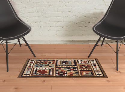 5’X7’ Brown And Red Ikat Patchwork Area Rug