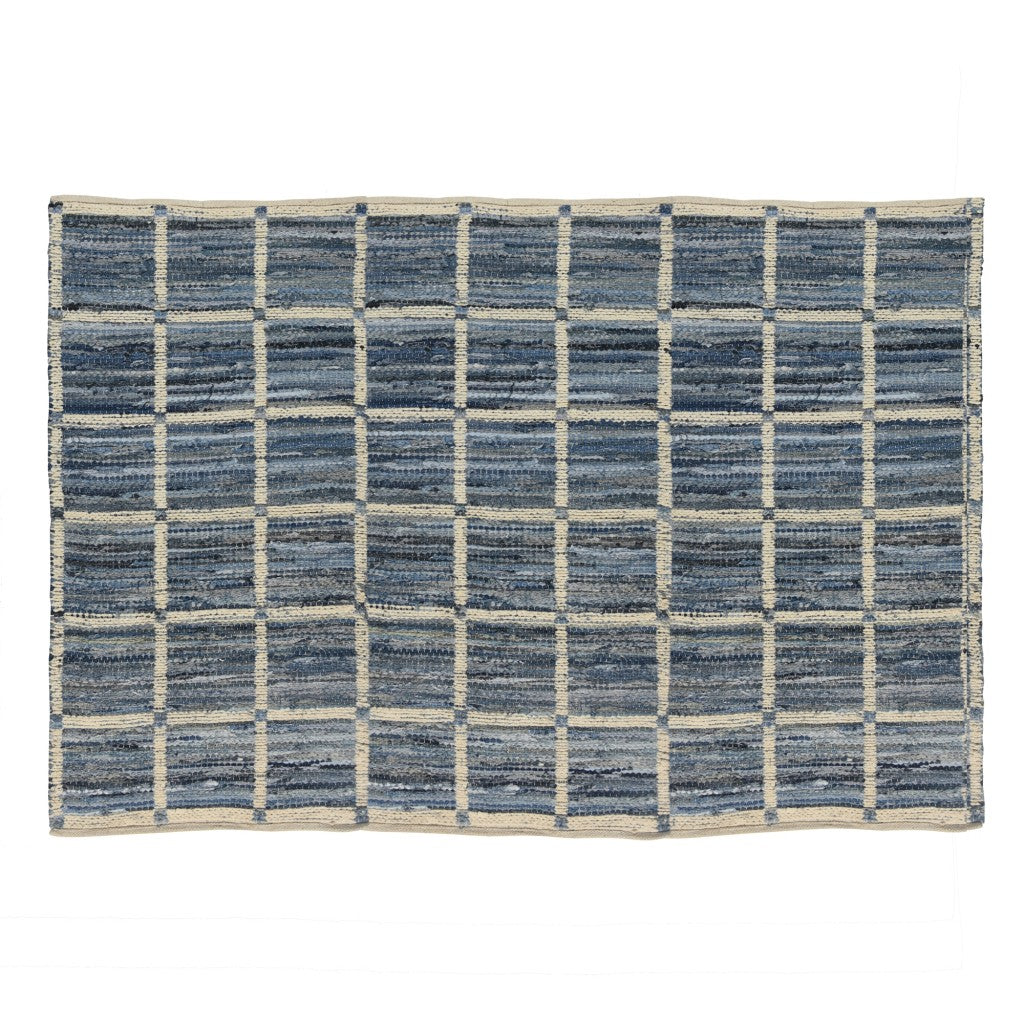 3' X 8' Blue And Gray Grid Runner Rug