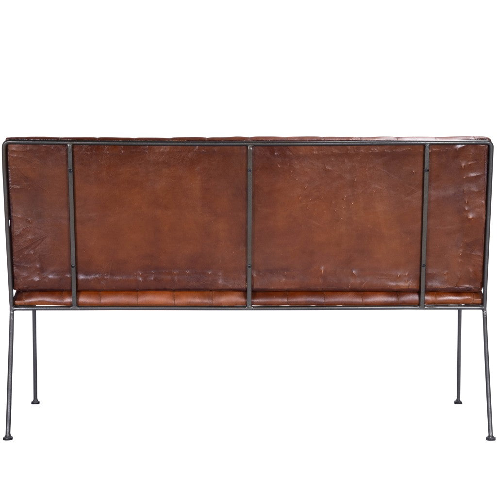 53" Brown and Black Upholstered Faux Leather Distressed Bench