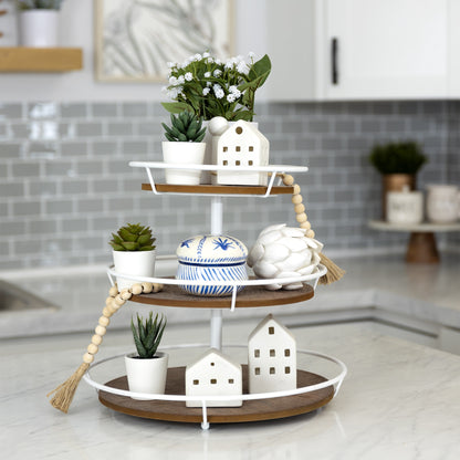 Three Tiered Metal And Wood Decorative Stand