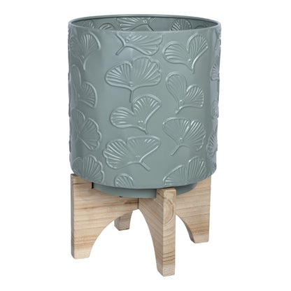 Leaf Pattern Green Planter With Wooden Base