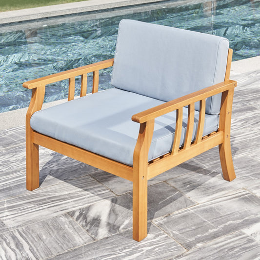 33" Natural Eucalyptus Slat Wood Outdoor Accent Chair with Aqua Cushion