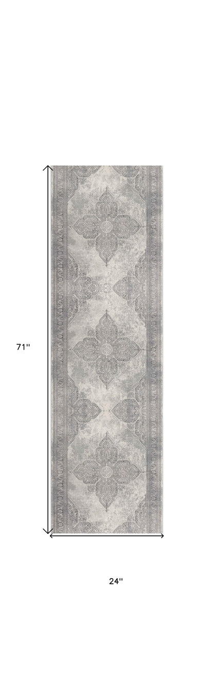 2’ X 4’ Gray Distressed Medallion Area Rug