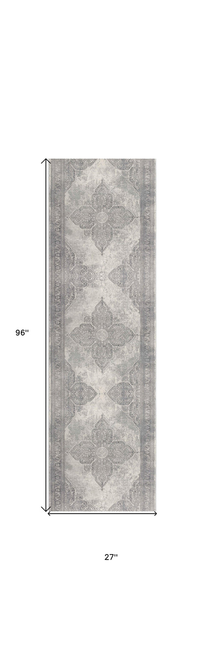 2’ X 4’ Gray Distressed Medallion Area Rug