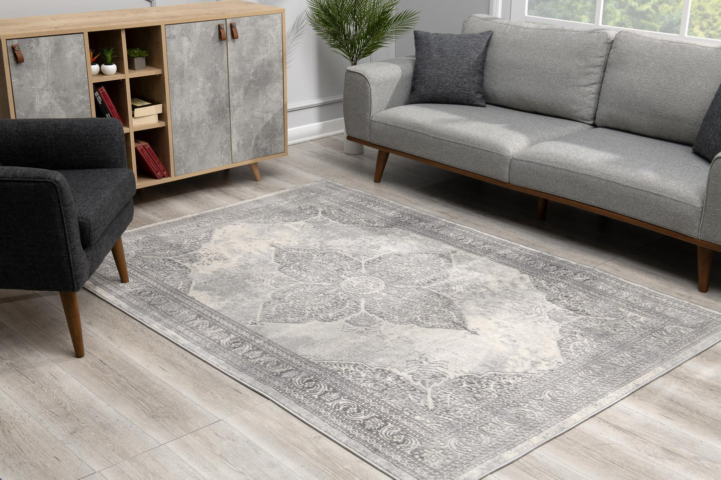 2’ X 4’ Gray Distressed Medallion Area Rug