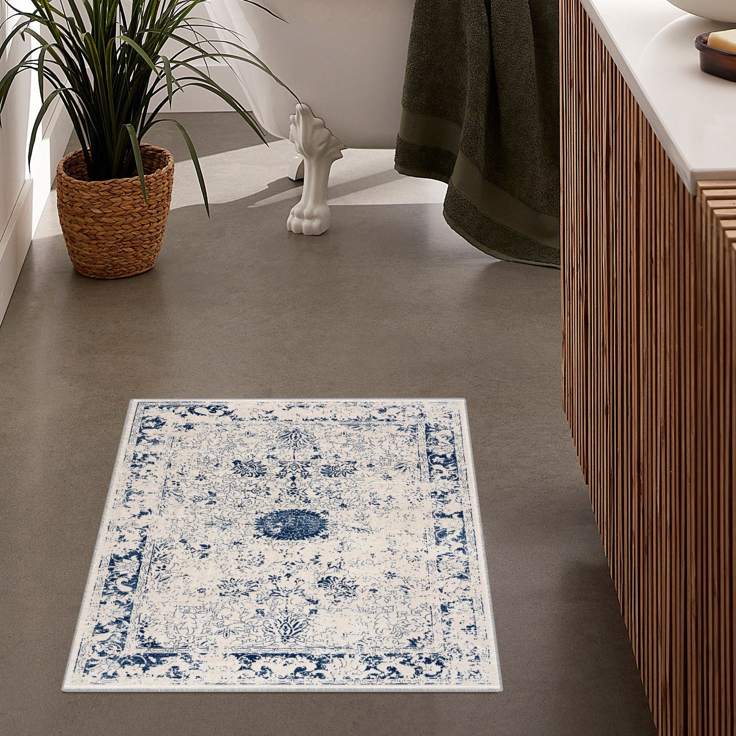 5’ X 8’ Navy Blue Distressed Floral Area Rug
