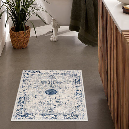 5’ X 8’ Navy Blue Distressed Floral Area Rug