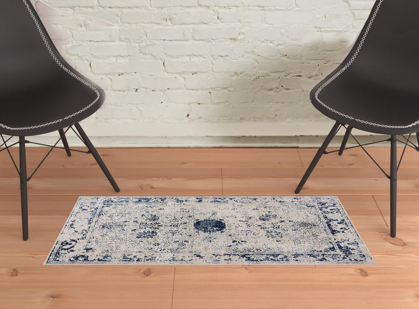 5’ X 8’ Navy Blue Distressed Floral Area Rug