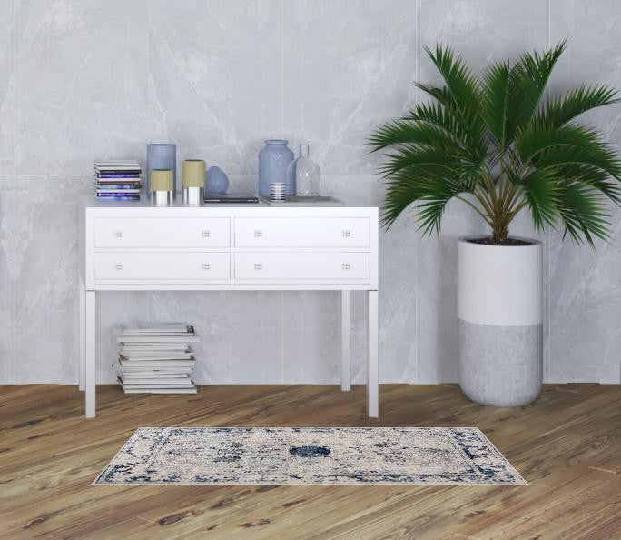 5’ X 8’ Navy Blue Distressed Floral Area Rug