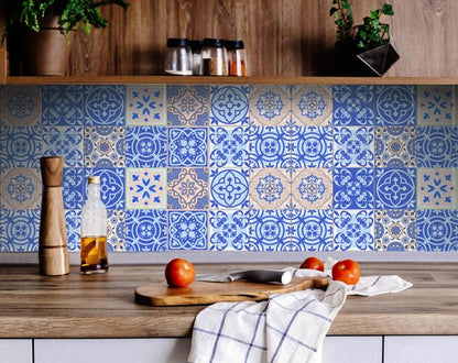 4" X 4" Dark And Light Blue Mosaic Peel And Stick Removable Tiles