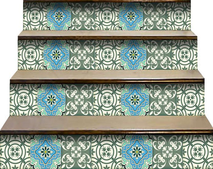 5" X 5" Sage And Aqua Floral Peel And Stick Removable Tiles