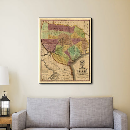 24" X 30" Texas And Surroundings C1837 Vintage Map Poster Wall Art