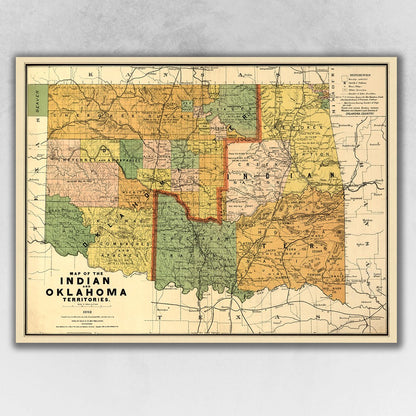 18" X 24" Map Of Indian And Oklahoma Territories Vintage Poster Wall Art