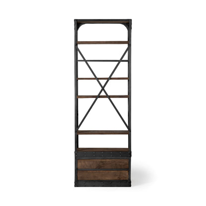 94" Black Iron Five Tier Standard Bookcase With Two Drawers