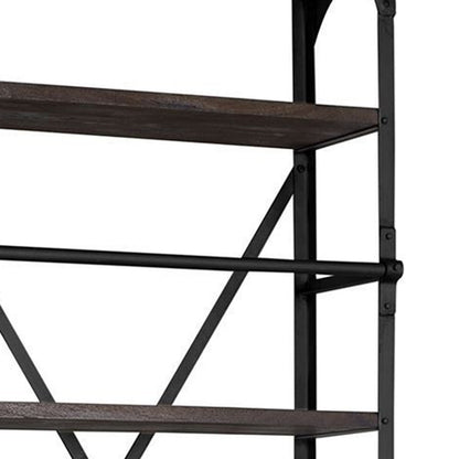 94" Black Iron Five Tier Standard Bookcase With Two Drawers