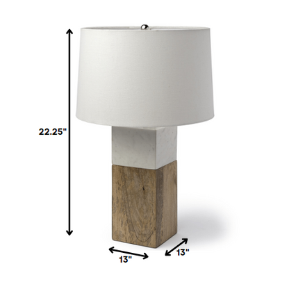 White Marble And Natural Wood Block Table Or Desk Lamp