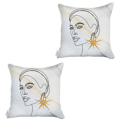 Set Of 2 White Printed Art Pillow Covers