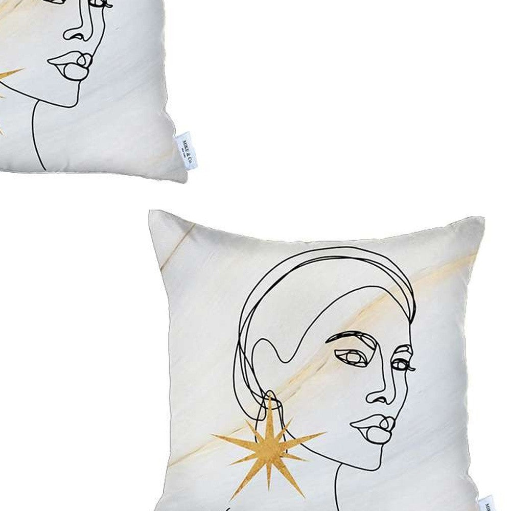 Set Of 2 White Printed Art Pillow Covers