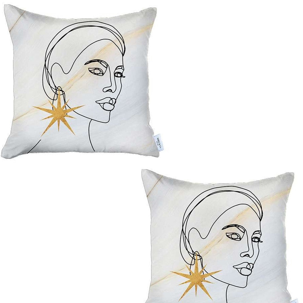 Set Of 2 White Printed Art Pillow Covers