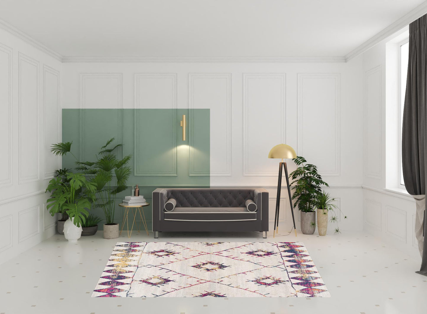 5' X 8' Cream Damask Area Rug