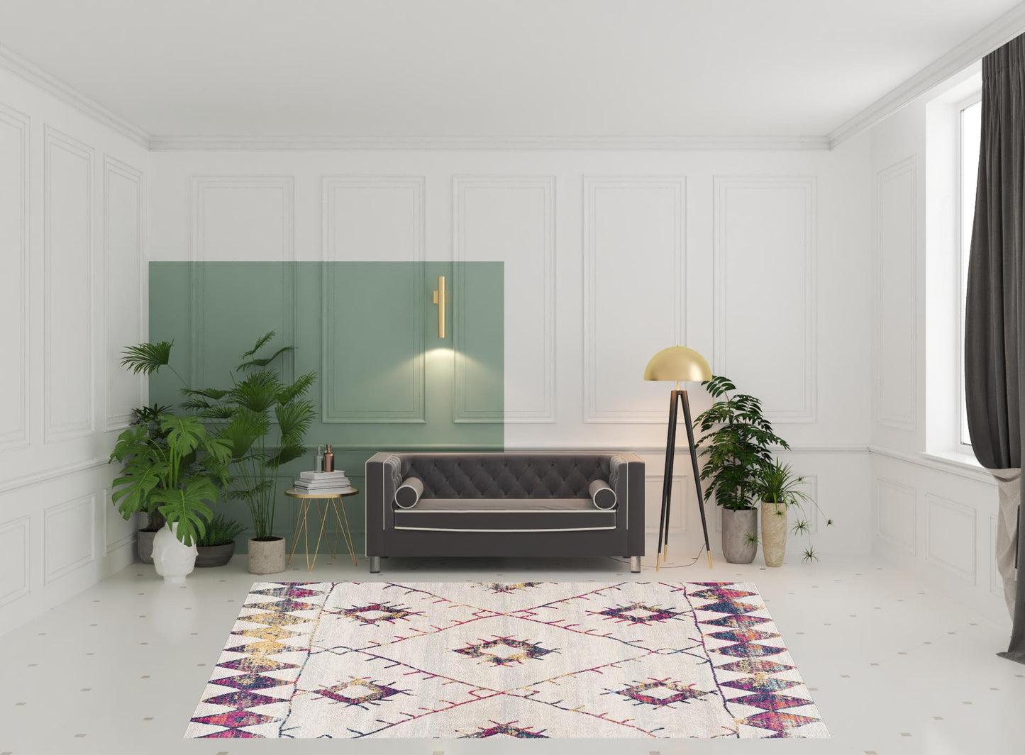 5' X 8' Cream Damask Area Rug