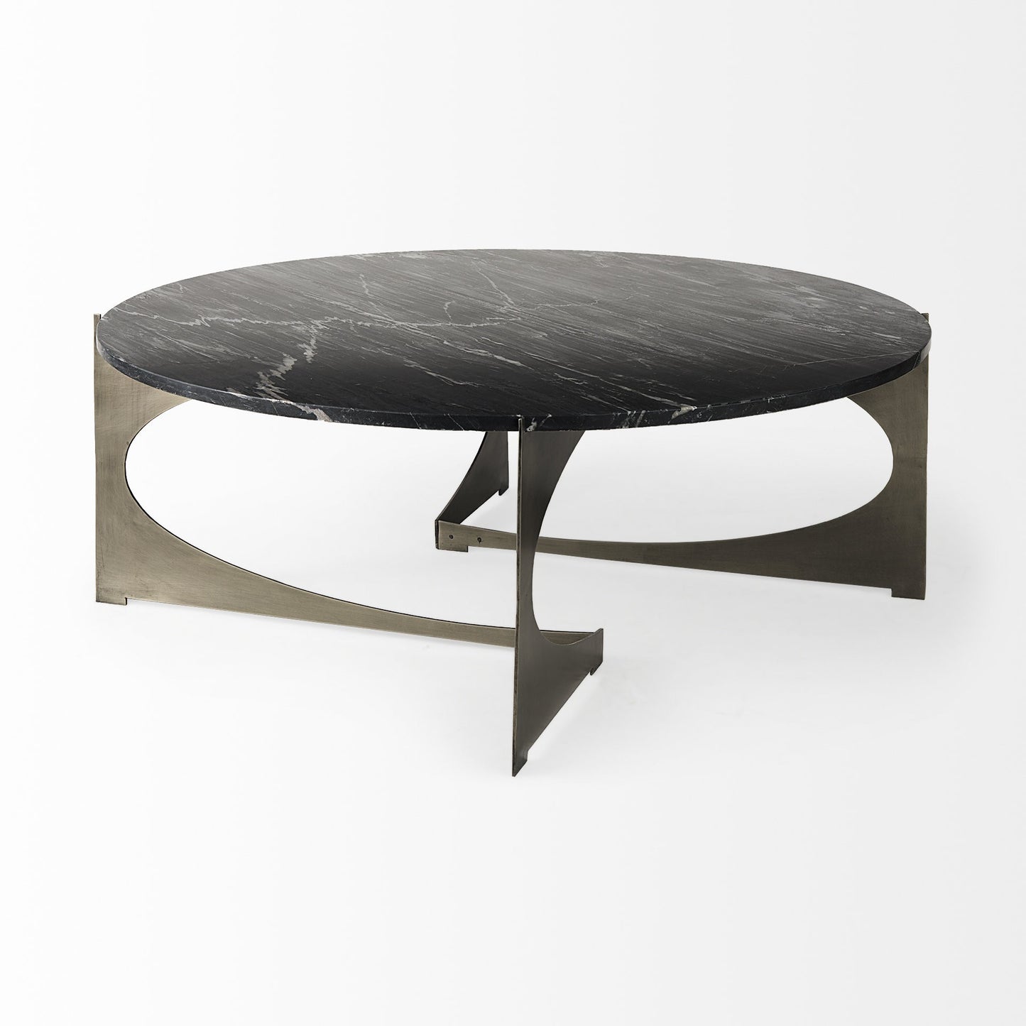 48" Black And Gold Genuine Marble And Iron Round Coffee Table