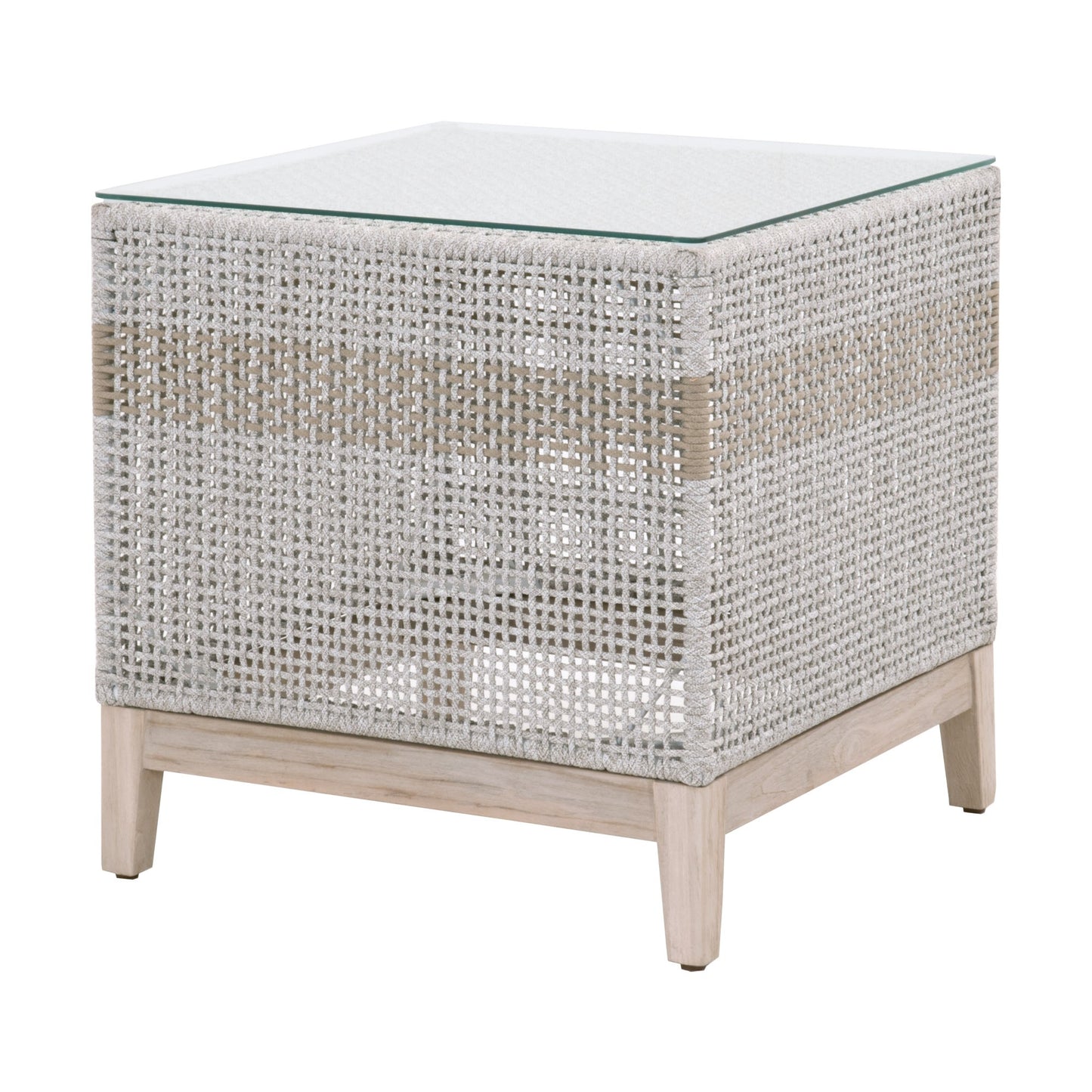 22" Taupe and White Rope and Glass Indoor Outdoor End Table