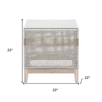 22" Taupe and White Rope and Glass Indoor Outdoor End Table