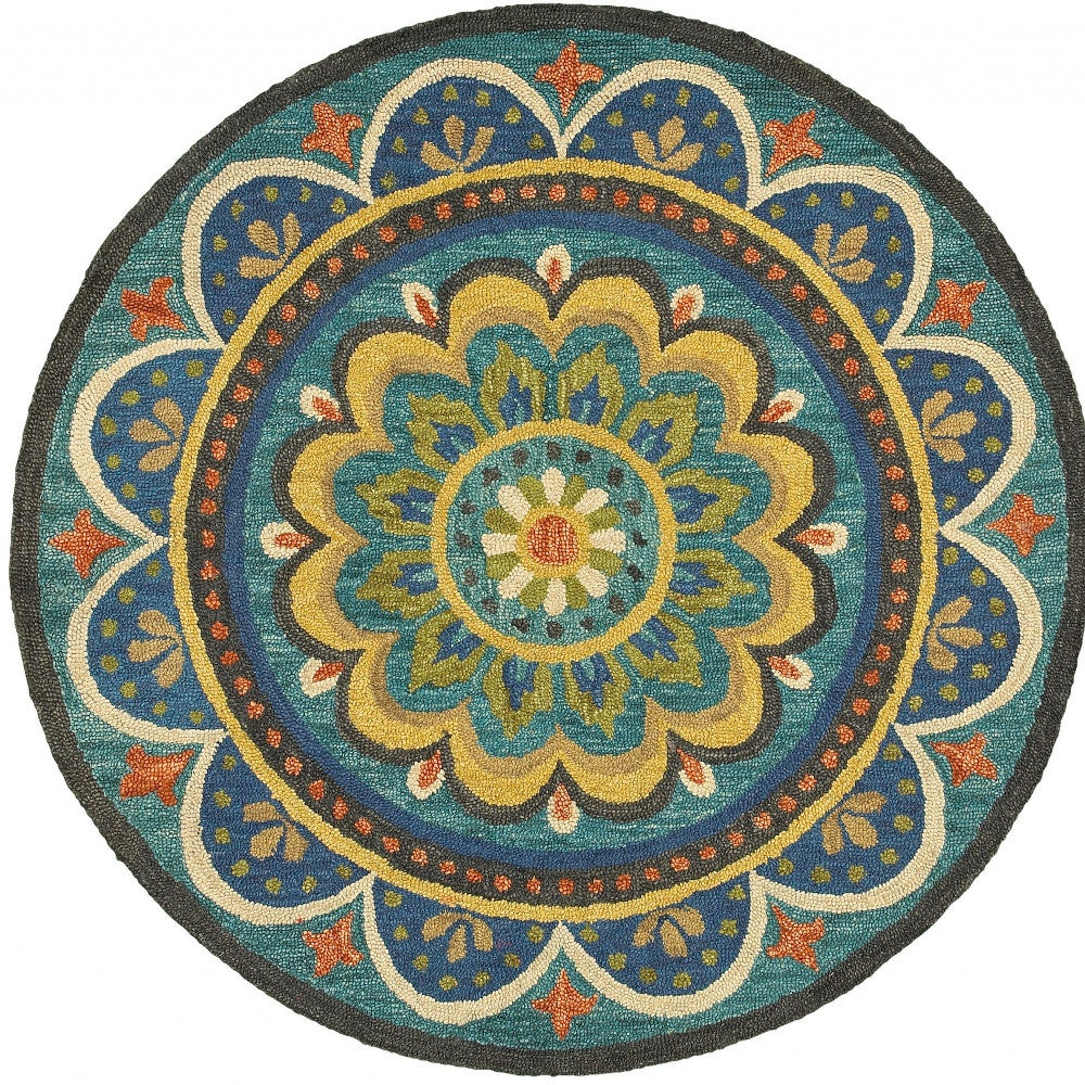 6' Blue Round Wool Geometric Hand Tufted Area Rug
