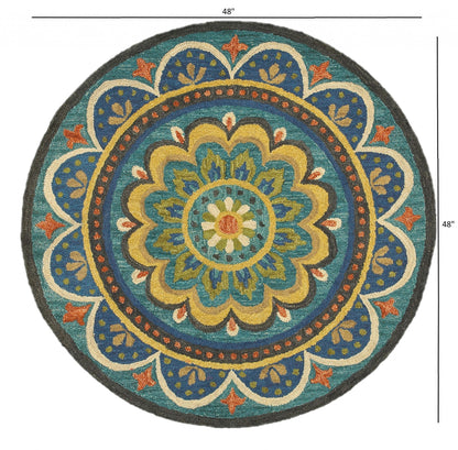 6' Blue Round Wool Geometric Hand Tufted Area Rug