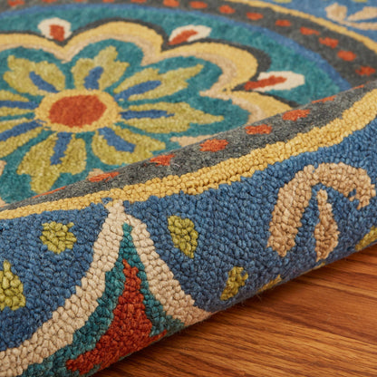 6' Blue Round Wool Geometric Hand Tufted Area Rug