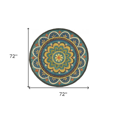 6' Blue Round Wool Geometric Hand Tufted Area Rug