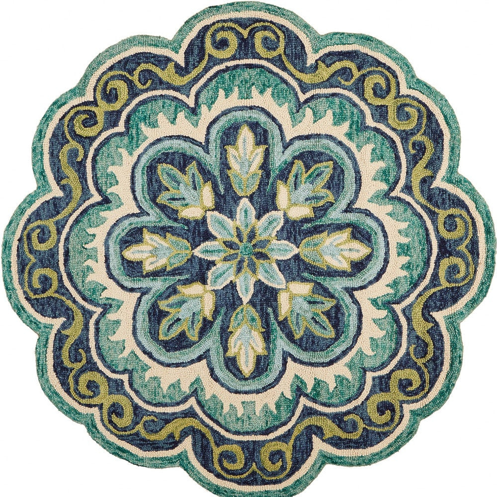 4’ Round Green Floral Artwork Area Rug